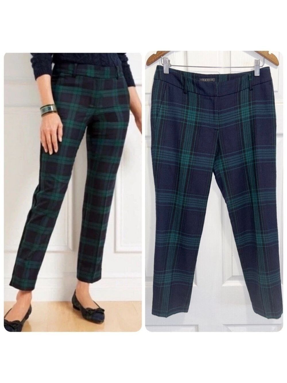 Theory Plaid Check Wool Pants Navy Blue Green Cropped Trousers Size 6